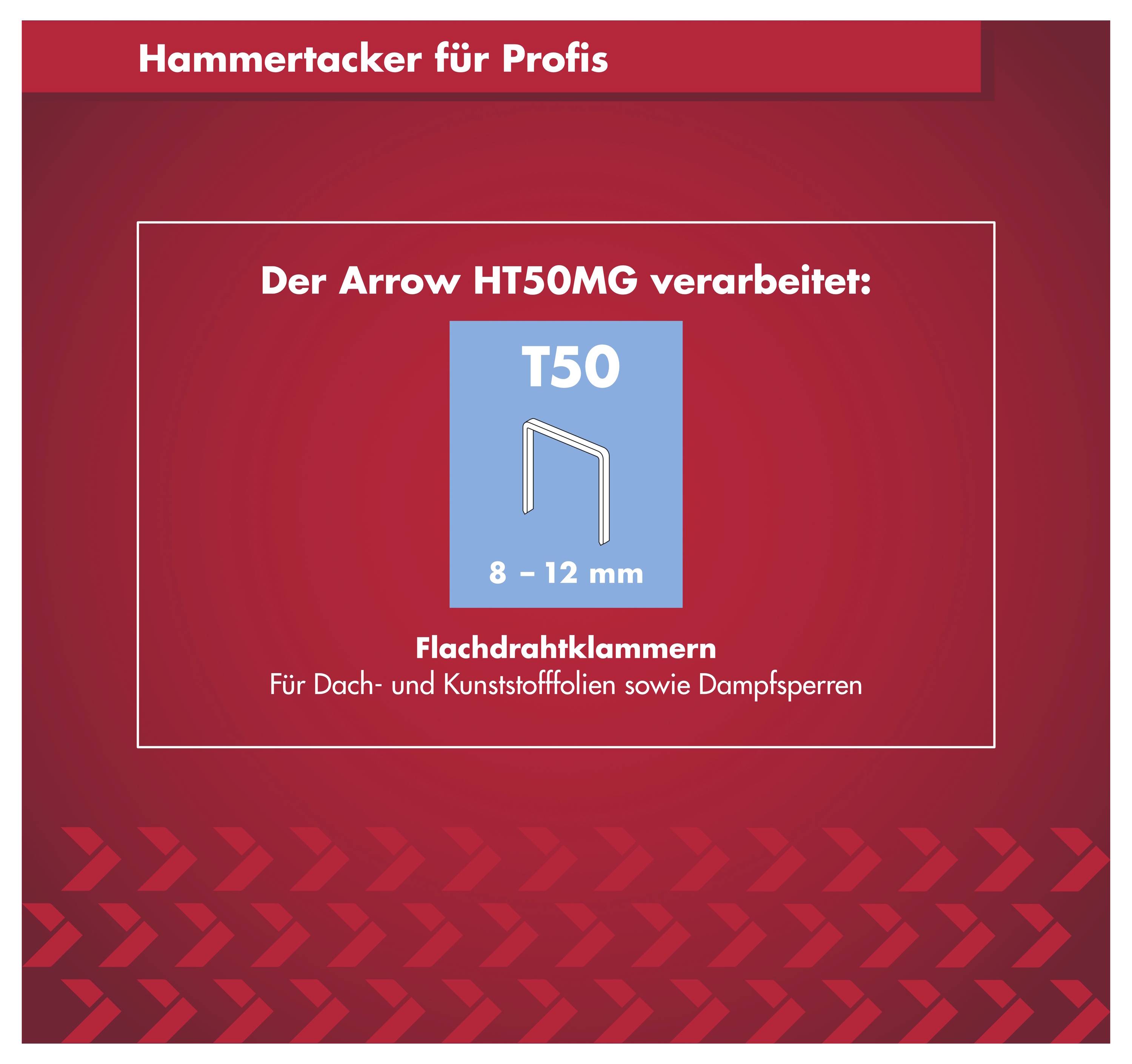 Německý produktový grafický návrh pro pneumatickou sešívačku Arrow HT50MG: používá sponky T50, 8–12 mm, pro ploché drátěné sponky na střešních krytinách, plastových fóliích a parotěsných bariérách.