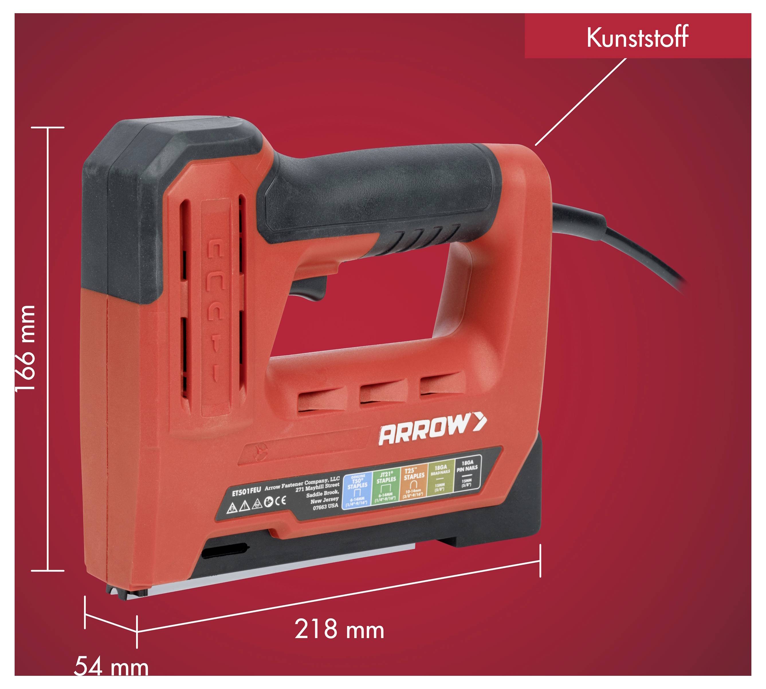Červená elektrická sešívačka se šňůrou na červeném pozadí, označená 'Kunststoff', s uvedenými rozměry: délka 218 mm, výška 166 mm, šířka 54 mm.