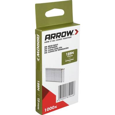Plechovka bradélek Arrow 18BN 15mm, označená "1000x", se zobrazením obrázku hřebíku a čárovým kódem.