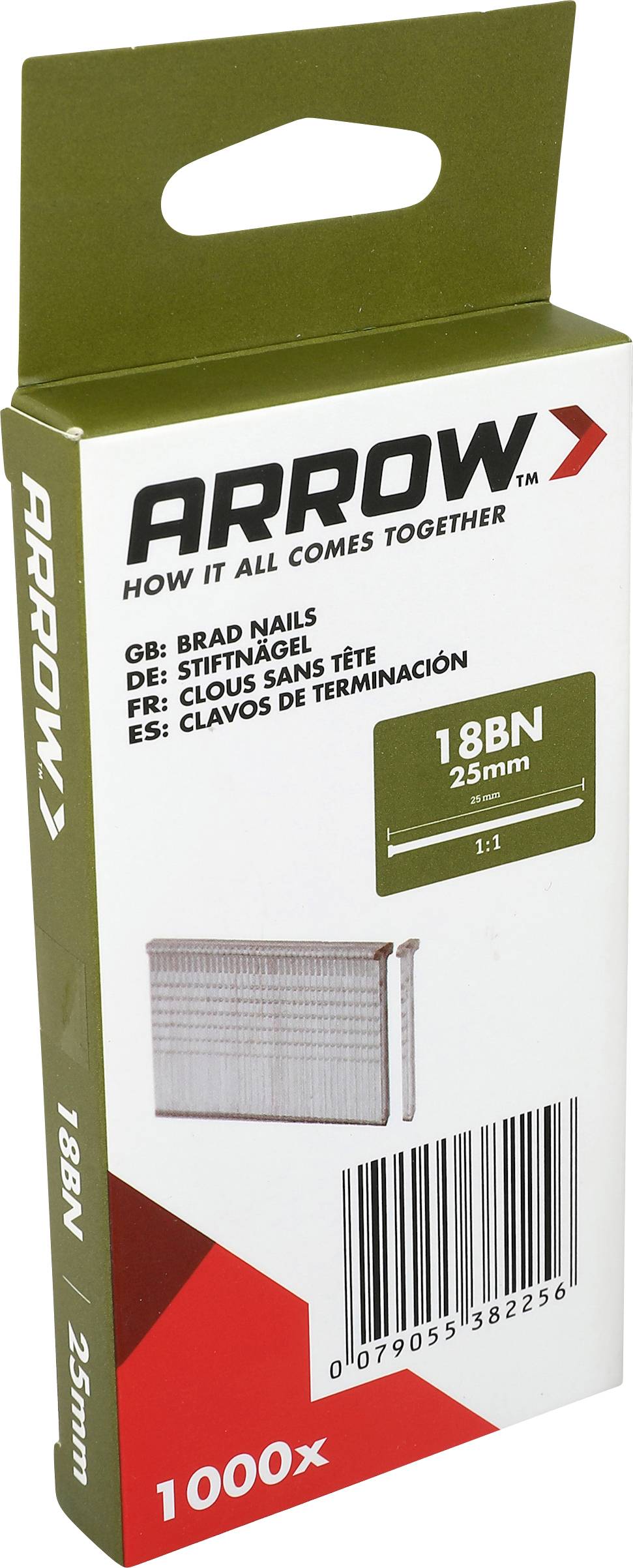 Balení hřebíků Arrow, 1000 kusů, 18BN 25mm bradové hřebíky, s brandingem produktu a čárovým kódem na přední straně.