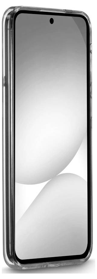 Smartphone s lesklým černým rámečkem a přední kamerou umístěnou uprostřed, zobrazující prázdnou obrazovku se šedou a bílou abstrakcí.