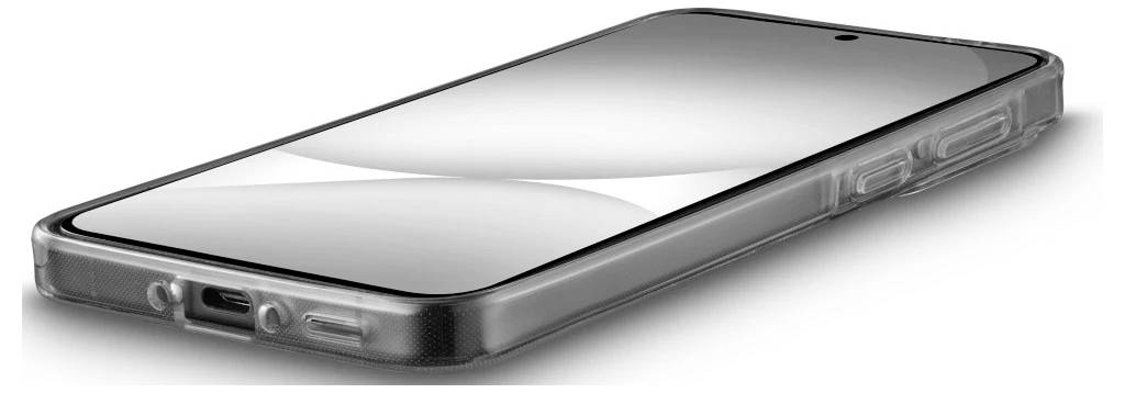 Jasný smartphone zobrazený v průhledném ochranném pouzdru, ležící lícem vzhůru na bílém pozadí.
