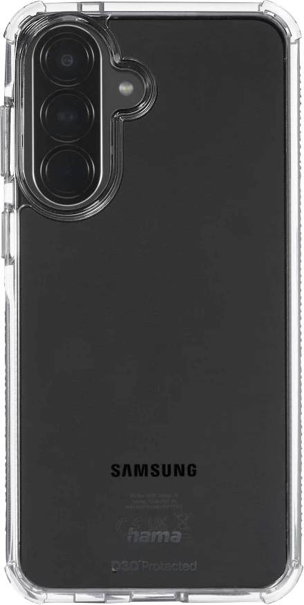 Samsung smartphone zobrazený zezadu v průhledném ochranném pouzdru s viditelným zadním fotoaparátem.
