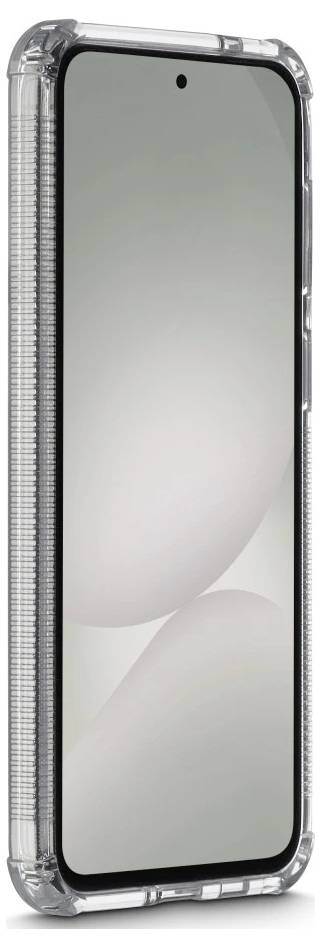 Chytrý telefon zobrazený ve vzpřímené poloze v průhledném ochranném pouzdru se zesílenými rohy a černým rámečkem kolem obrazovky.