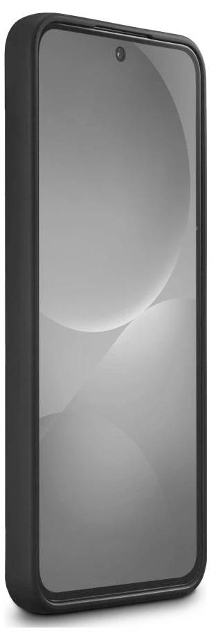 Černý smartphone zobrazený ve svislé poloze s prázdnou šedou obrazovkou, zobrazený pod mírným úhlem.