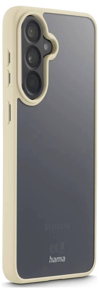 Pohled zezadu na Samsung smartphone v béžovém ochranném pouzdře s tmavě šedými zády a trojitým výřezem pro kameru.