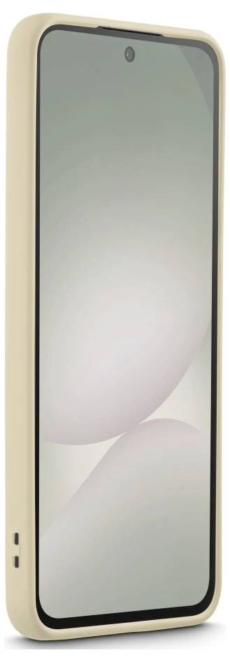 Béžový smartphone zobrazený zepředu s prázdnou obrazovkou a centrálně umístěnou dírkovou kamerou.