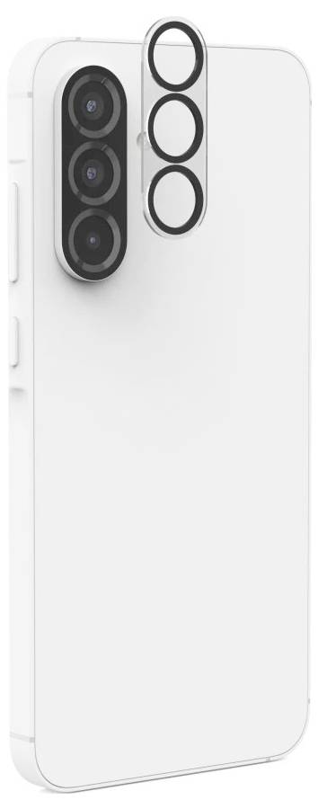 Bílý chod smartphonu z druhé strany s vertikálním trojitým fotoaparátem a třemi menšími kruhovými otvory senzoru vedle něj, zobrazeno v detailním záběru.
