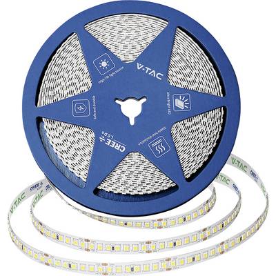 Modrý kotouč pásky VTAC CREE LED s bílou ohybnou páskou světla navinutou kolem něj na bílém pozadí.