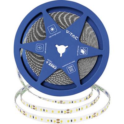 Modrý kotouč V-TAC LED páskového světla s vinutou bílou LED páskou a viditelnými čipy diod na cívce.