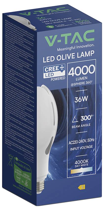 Krabicové balení pro LED reflektorovou lampu V-TAC s olivovým designem, zobrazující LED CREE, 4000 lumenů, 36W, úhel svazku 300°, AC220-240V, 4000K denní světlo.