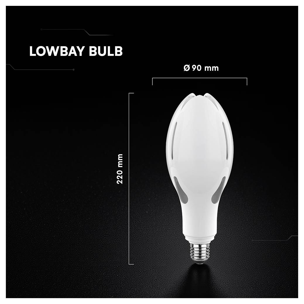 Obrázek produktu "LOWBAY ŽÁROVKA" zobrazující rozměry: 220 mm na výšku a 90 mm na šířku, na černém pozadí.