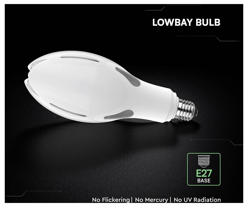 Obrázek produktu bílé LED svítidla pro nízké poíčí označené „LOWBAY BULB" se závitem E27; text uvádí „Bez blikání | Bez rtuti | Bez UV záření".