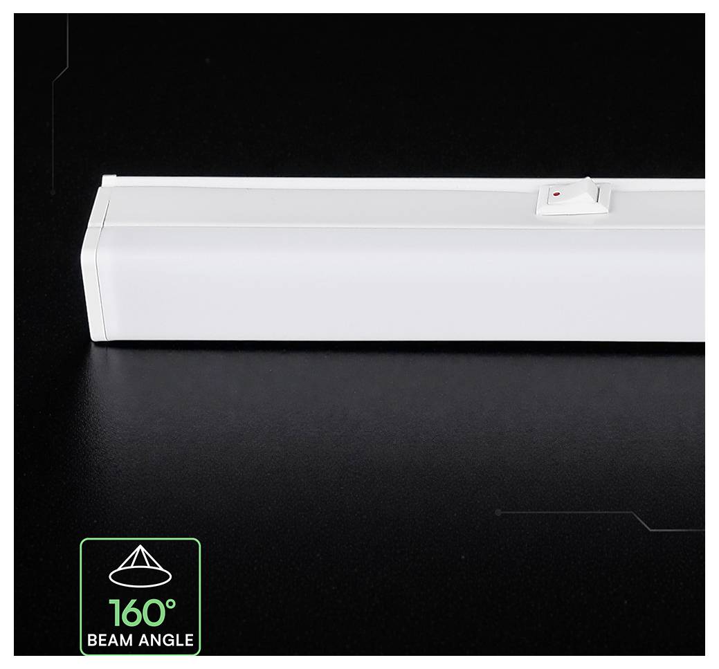 Bílé lineární svítidlo na tmavém pozadí, popsané jako „160° BEAM ANGLE" v levém dolním rohu.