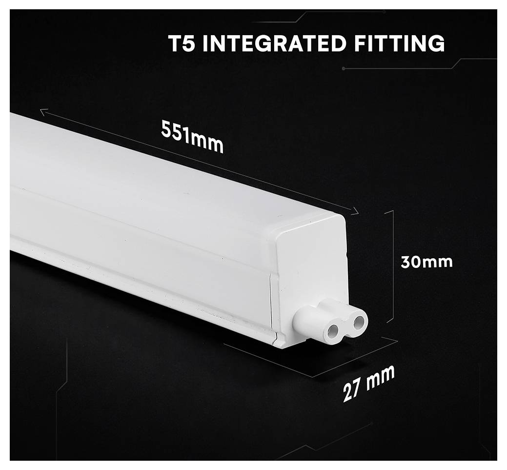 Diagram bílé integrované svítilny T5, označené délkou 551 mm, výškou 30 mm a šířkou 27 mm, s dvojitým koncovým konektorem.