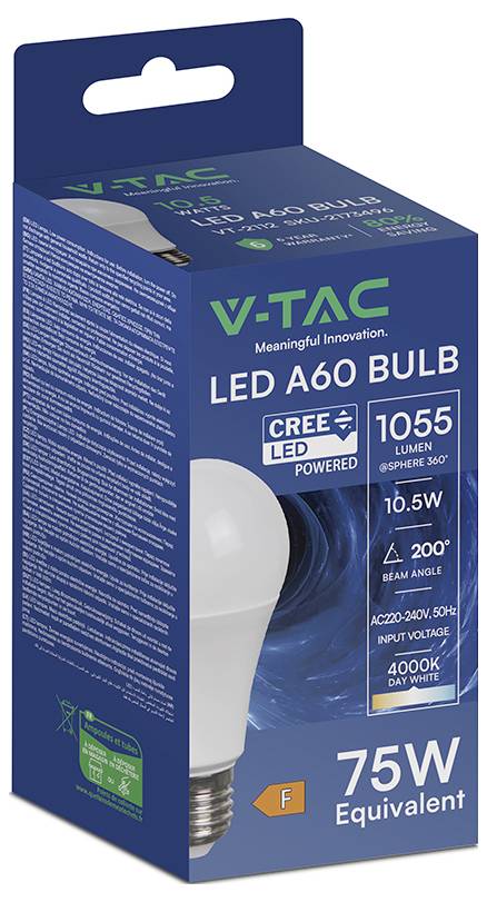 Modrá LED žárovka V-TAC A60 v maloobchodní krabici s údaji: 10,5W, 1055 lumenů, 4000K denní bílá, úhel svítivosti 200°, ekvivalent 75W.