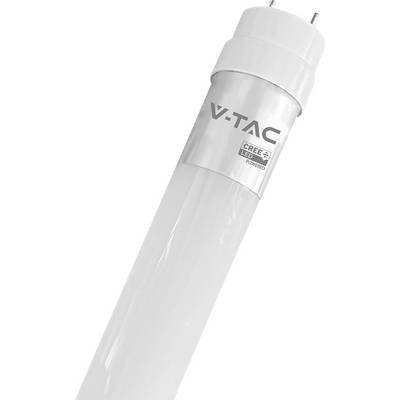 Žárovka LED trubice V-TAC s bílým válcovitým tělem a kovovými kontakty nahoře, zobrazena na bílém pozadí.