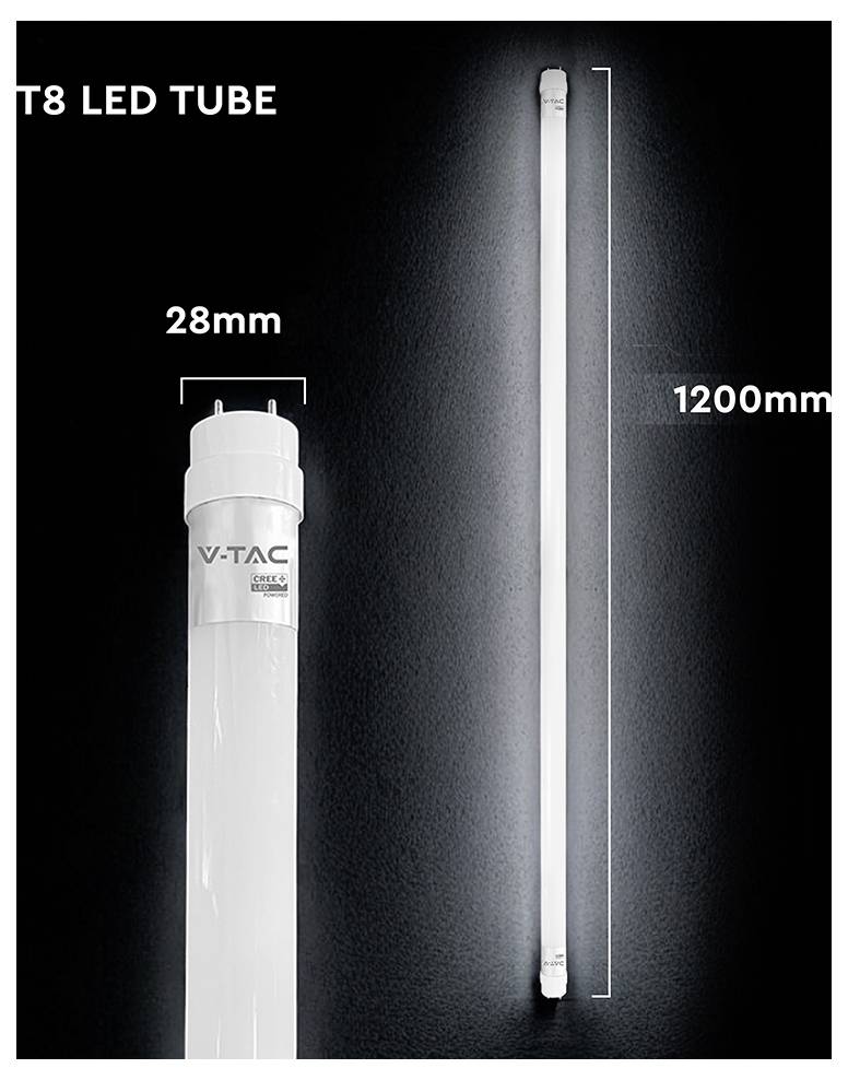 LED zářivka T8 zobrazená s rozměry průměru 28 mm a délky 1200 mm.