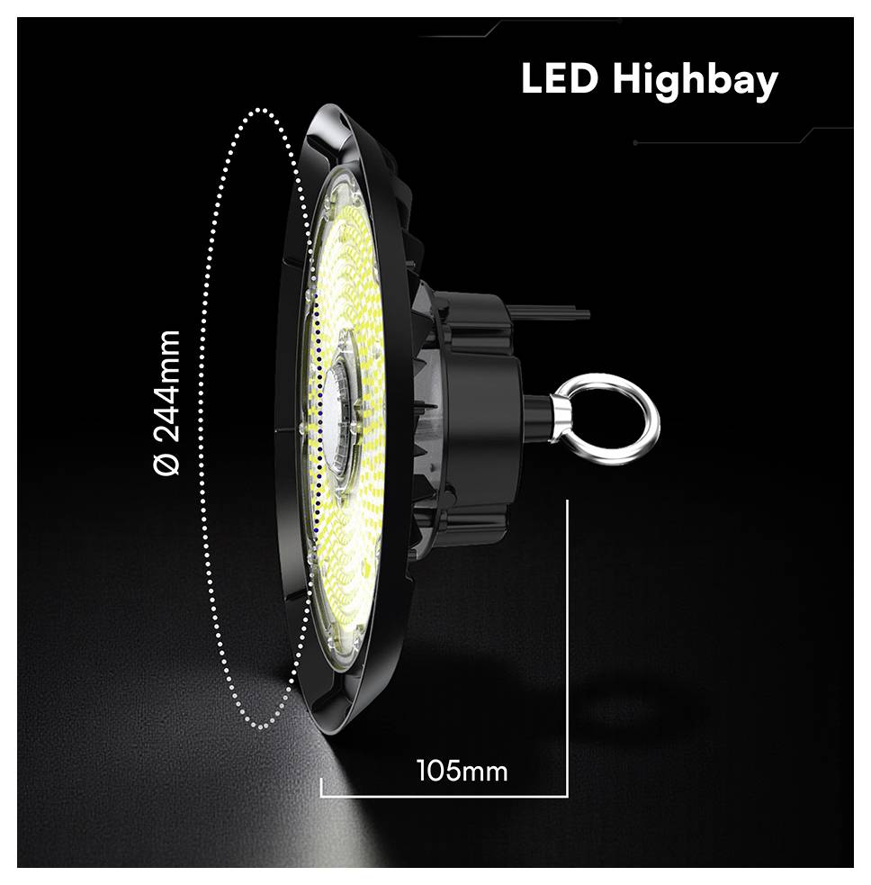 Produktový obrázek "LED Highbay" osvětlení zobrazující boční pohled s rozměry: průměr 244 mm a hloubka 105 mm.