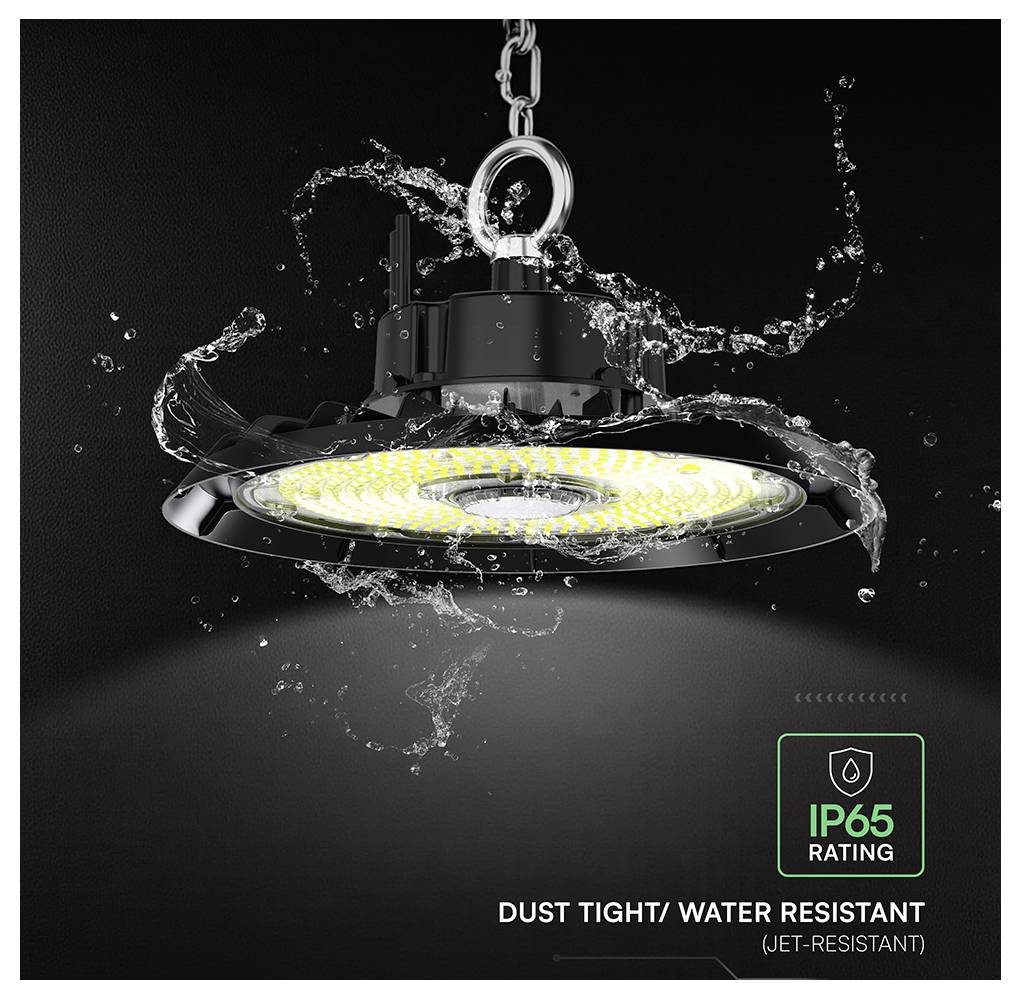Pozastavené průmyslové LED svítidlo na vysokých sloupech s vodou stříkající kolem něj, označené „IP65 RATING" a „DUSTTIGHT/ WATER RESISTANT (JET-RESISTANT)".