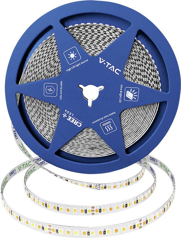 Modrý cívka LED pásku V-TAC na bílém pozadí, zobrazující balení produktu a LED diody světelného pásku.