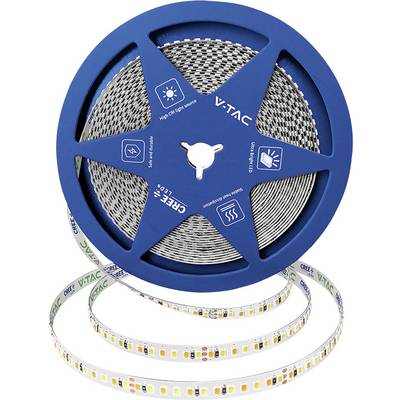Modrý cívka LED pásku V-TAC na bílém pozadí, zobrazující balení produktu a LED diody světelného pásku.