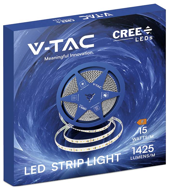 V-TAC CREE LEDs LED páska na balení, zobrazující cívku pásky a text '15 WATTŮ/M' a '1425 LUMENŮ/M'.