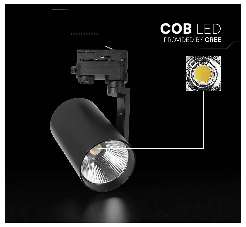 Černý trackový reflektor se zobrazeným textem "COB LED od CREE" a vloženým detailem LED čipu.