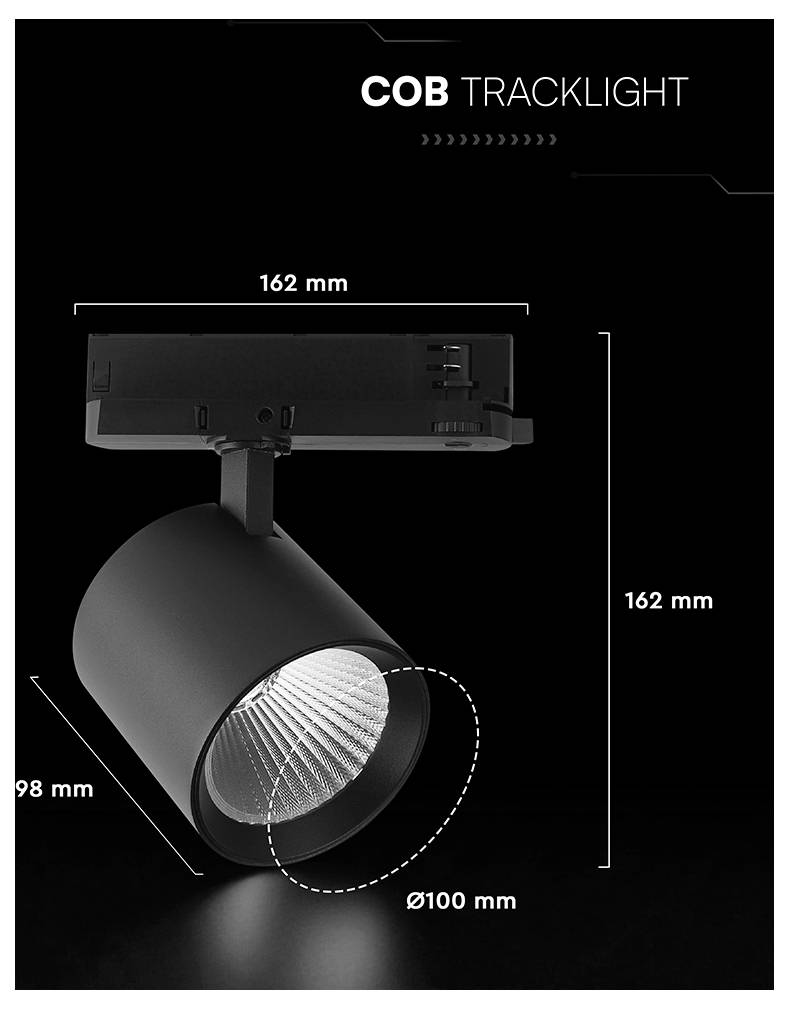 Produktový obrázek černého COB Tracklightu reflektoru na kolejnicovém držáku s rozměry: šířka 162 mm, výška 162 mm, hloubka 98 mm a průměr 100 mm.