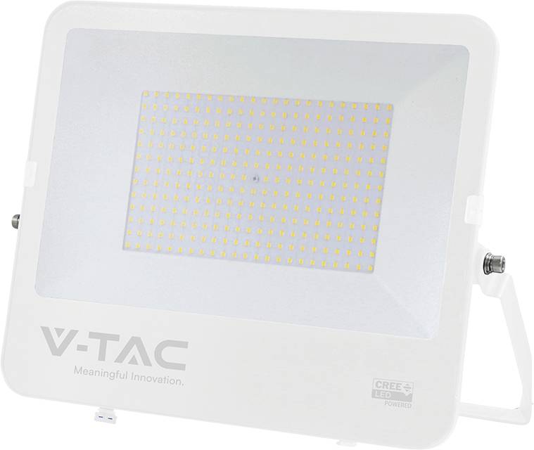 Bílý LED reflektor V-TAC s obdélníkovým světelným panelem a montážní konzolou, zobrazený zepředu na prostém pozadí.