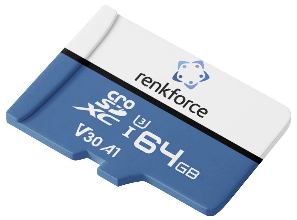 Paměťová karta Renkforce 64GB microSDXC, modrá a bílá, s označením V30 A1.