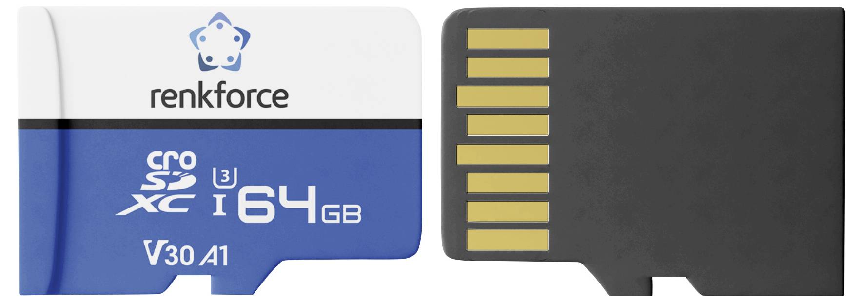 Paměťová karta Renkforce microSD zobrazená ze přední a zadní strany, označená „64 GB", „microSDXC" a „V30 A1".