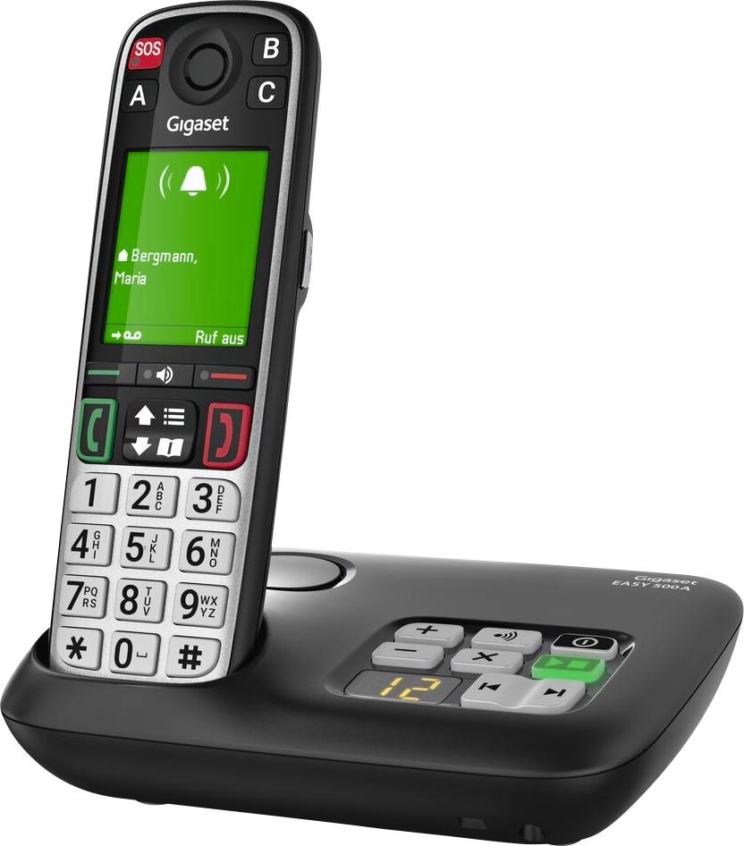 Bezšňůrový telefon Gigaset na nabíjecí stanici, zobrazující zelený displej volajícího se SOS a názvem kontaktu „Bergmann, Maria".