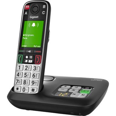 Bezšňůrový telefon Gigaset na nabíjecí stanici, zobrazující zelený displej volajícího se SOS a názvem kontaktu „Bergmann, Maria".