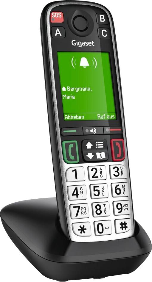 Bezdrátový telefon Gigaset na nabíjecí stanici, zobrazující obrazovku příchozího hovoru pro Bergmann, Maria s tlačítky pro přijetí a odmítnutí hovoru.