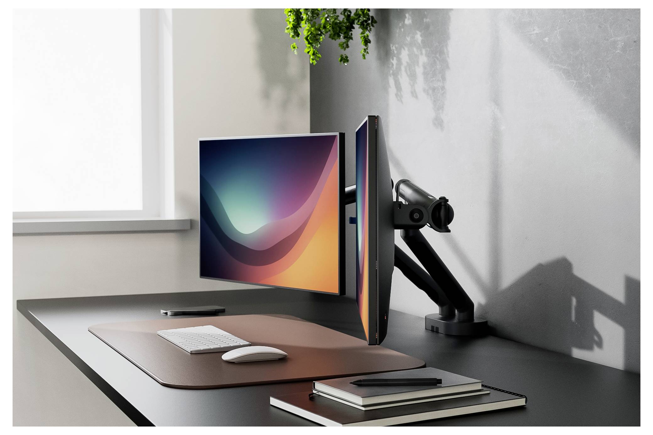 Moderní nastavení pracovního stolu se dvěma monitory na nastavitelném rameni, klávesnicí a myší na podložce, plus poznámkovými bloky a telefonem vedle okna.