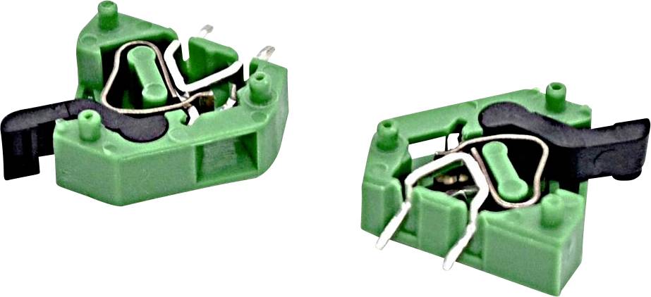 Dva zelené komponenty elektrického spínače zobrazené z různých úhlů na bílém pozadí, každý s černou pákou a exponovanými kovovými kontakty.