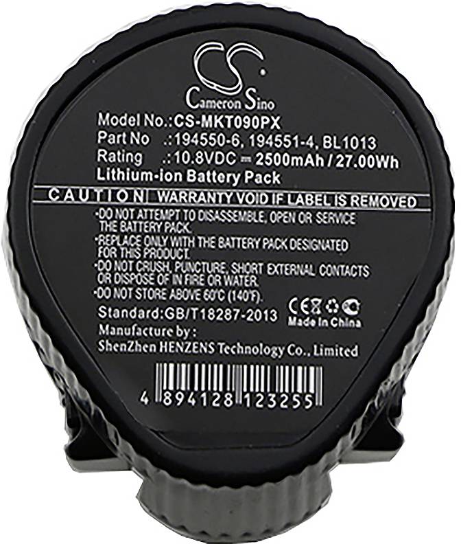 Štítek balíčku lithium-iontové baterie Black Cameron Sino ukazující model CS-MKT090PX, 10,8VDC, 2500mAh/27,00Wh, s varováním a textem výrobce.