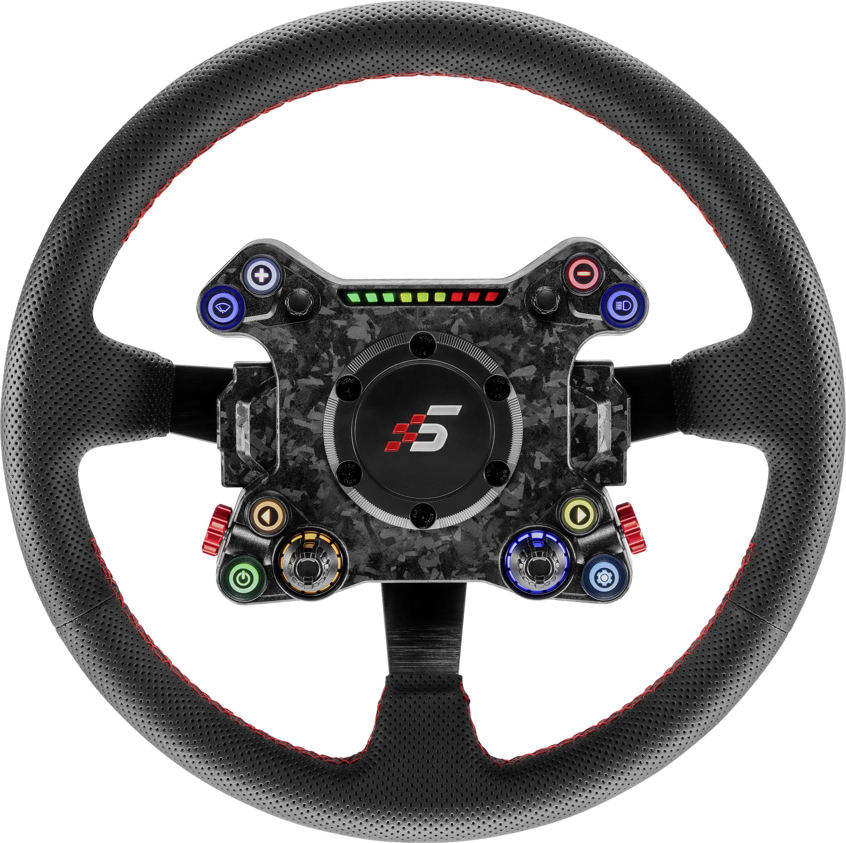 Černý závodní volant s středovým pláštěm v designu uhlíkového vlákna, osvětlenými ovládacími tlačítky a logem F5