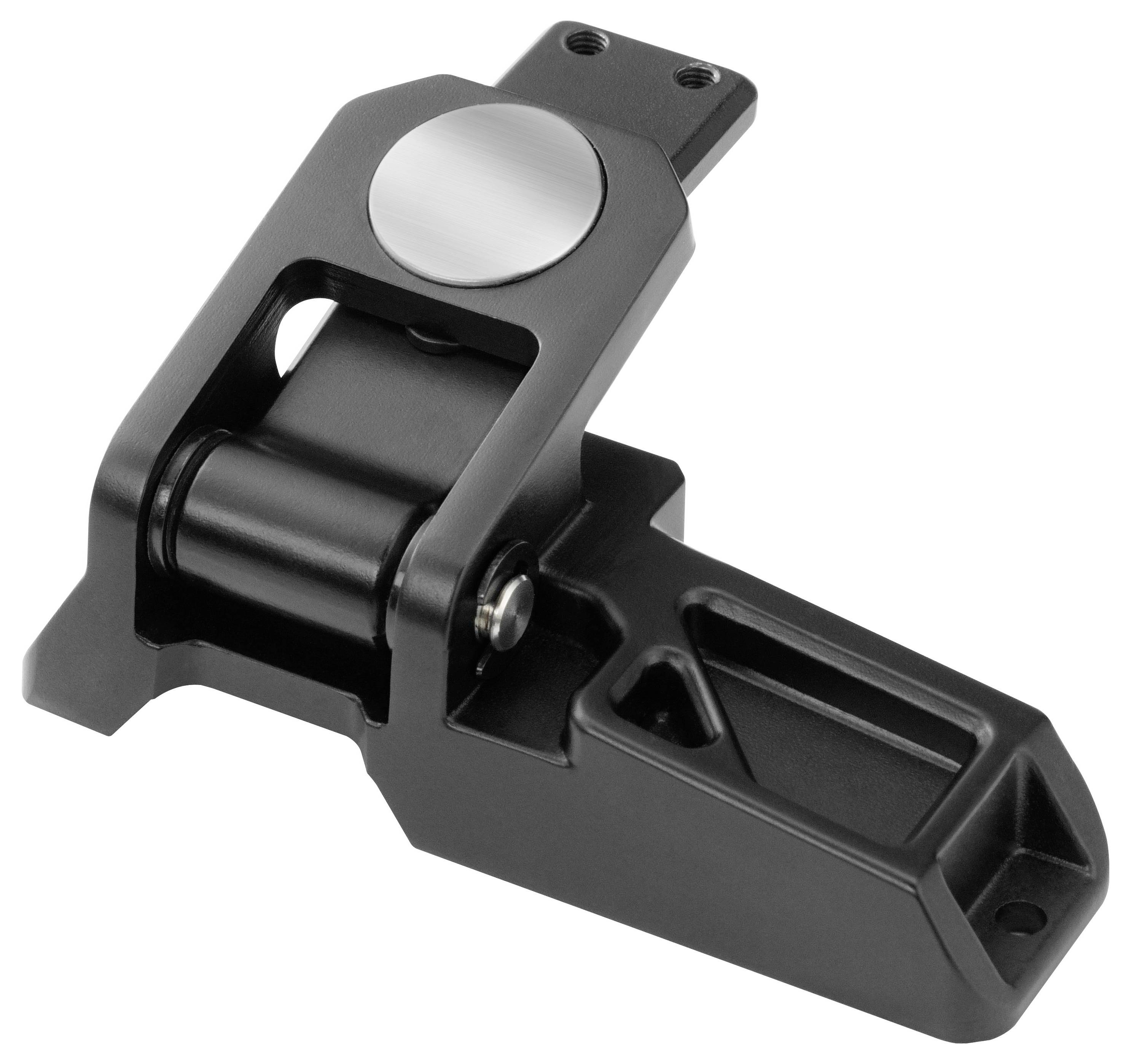Černý kovový mechanický závěs nebo montážní držák s velkým čepovým kloubem a drážkovanou základnou na bílém pozadí.