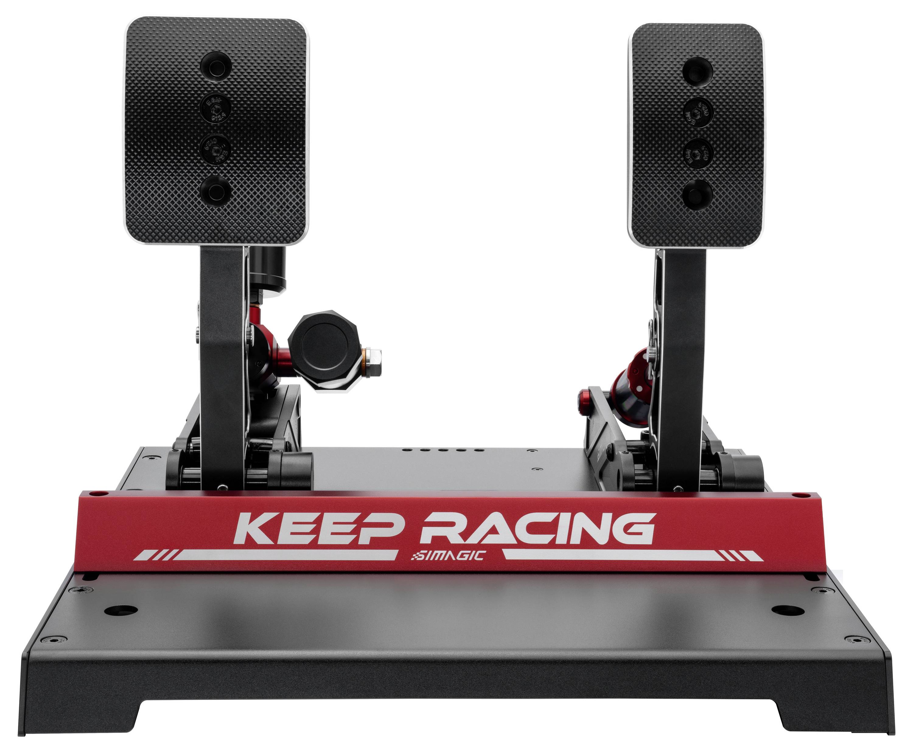 Sada pedálů pro závodní simulátor se dvěma černými pedály na červeno-černé základně označené 'KEEP RACING' a 'SIMAGIC'.