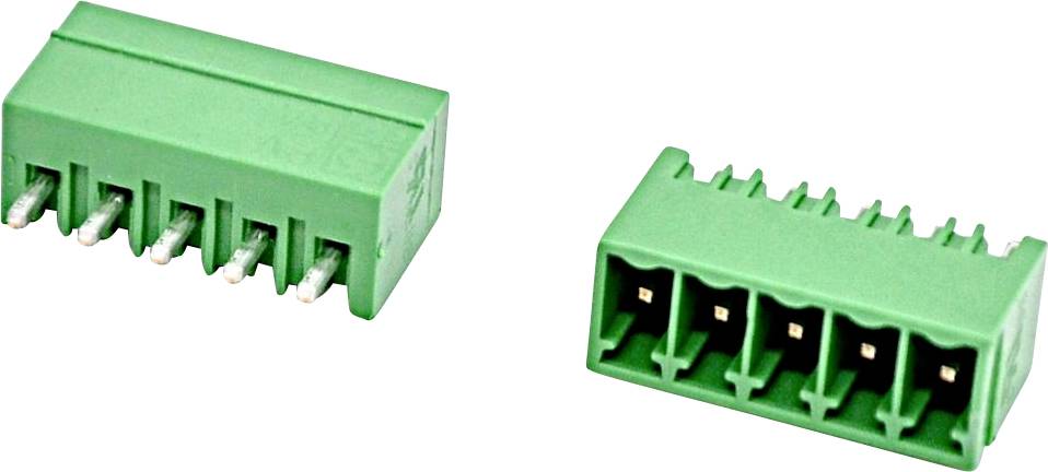 Dva zelené elektrickékonektor blok/spojovací prvky zobrazené vedle sebe, jeden nakloněný tak, aby byla vidět strana s kolíky, a druhý strana pro vkládání drátů.