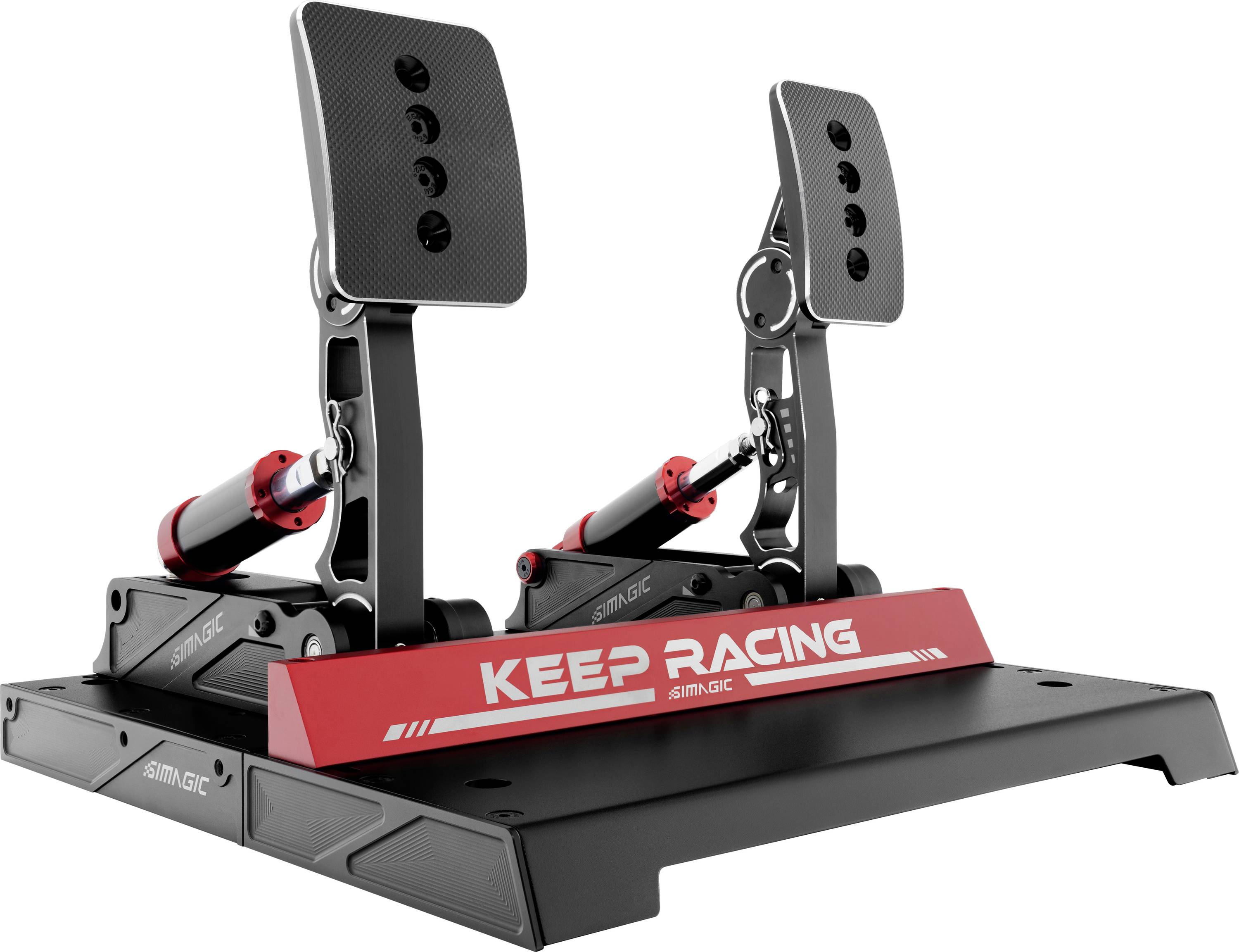 Dvě sady pedálů pro závodní simulátor na černé základně s nastavitelnými kovovými pedály a červenými hydraulickými tlumači, značka 'KEEP RACING'.