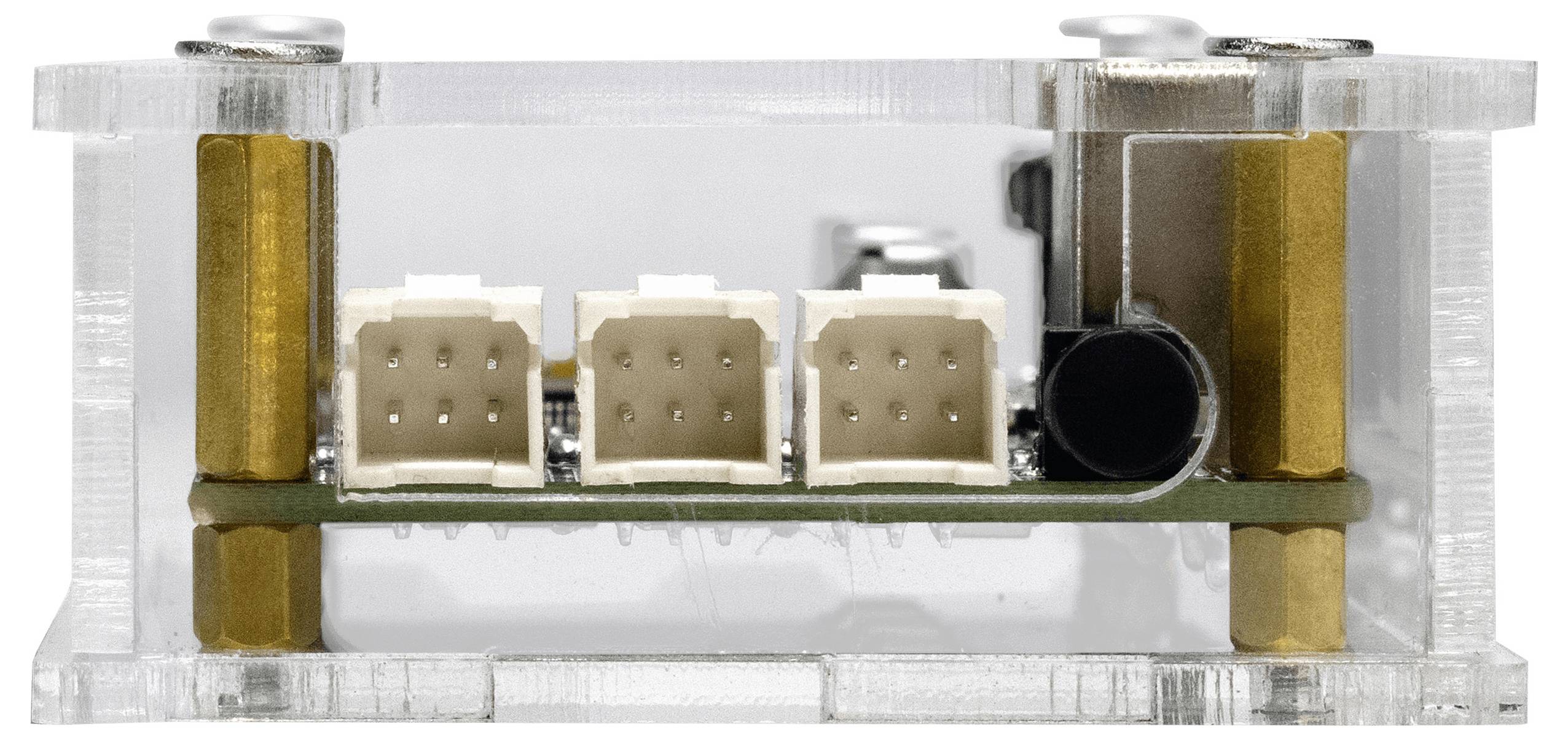 Transparentní elektronický modul se třemi malými konektorovými porty a válcovitým otvorem pro snímač nebo kameru umístěný uvnitř průhledného pouzdra.