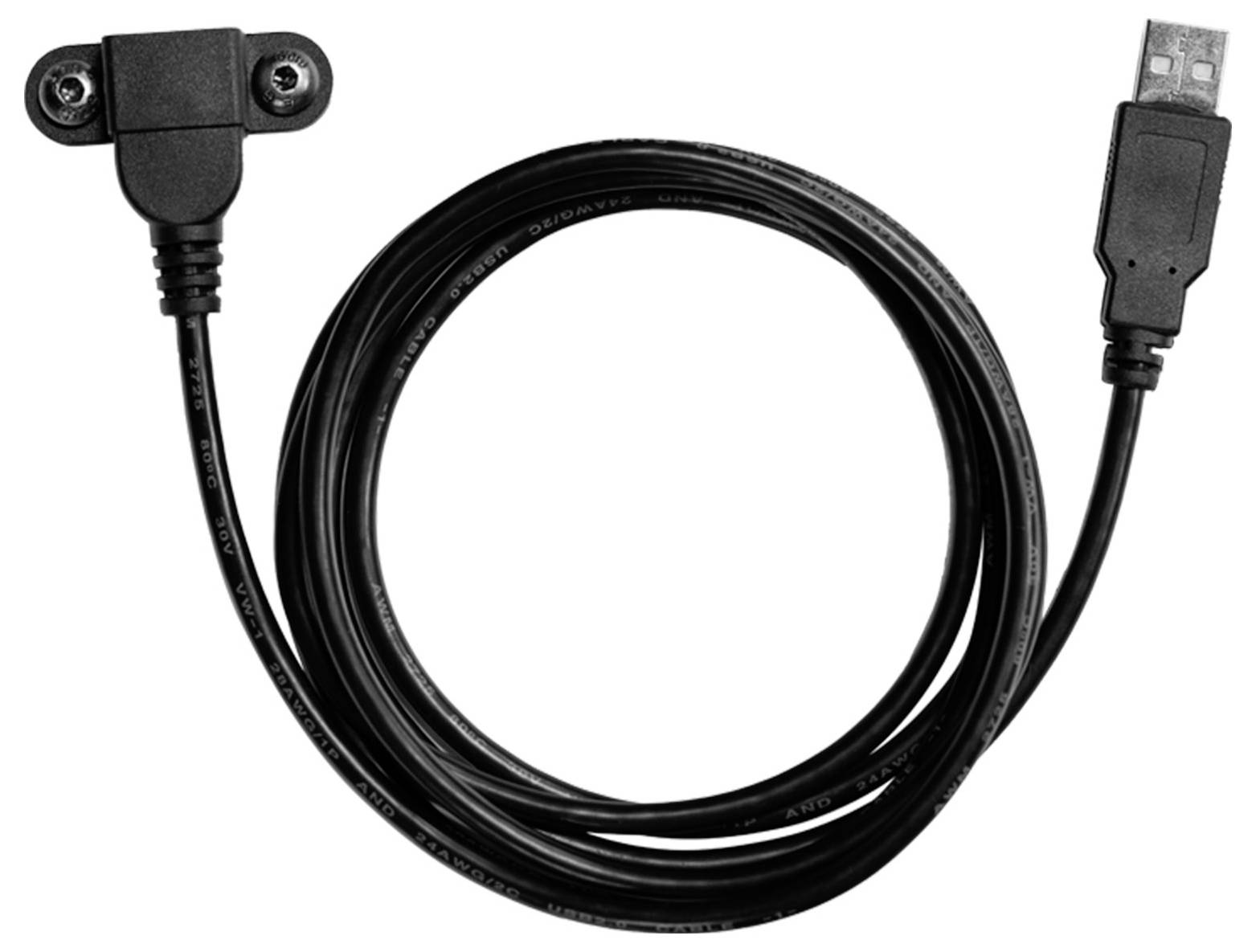 Černý kabel USB pro nabíjení se dvoukolíkovým konektorem s západkou na jednom konci a zásuvkou USB-A na druhém konci, navinutý na bílém pozadí.
