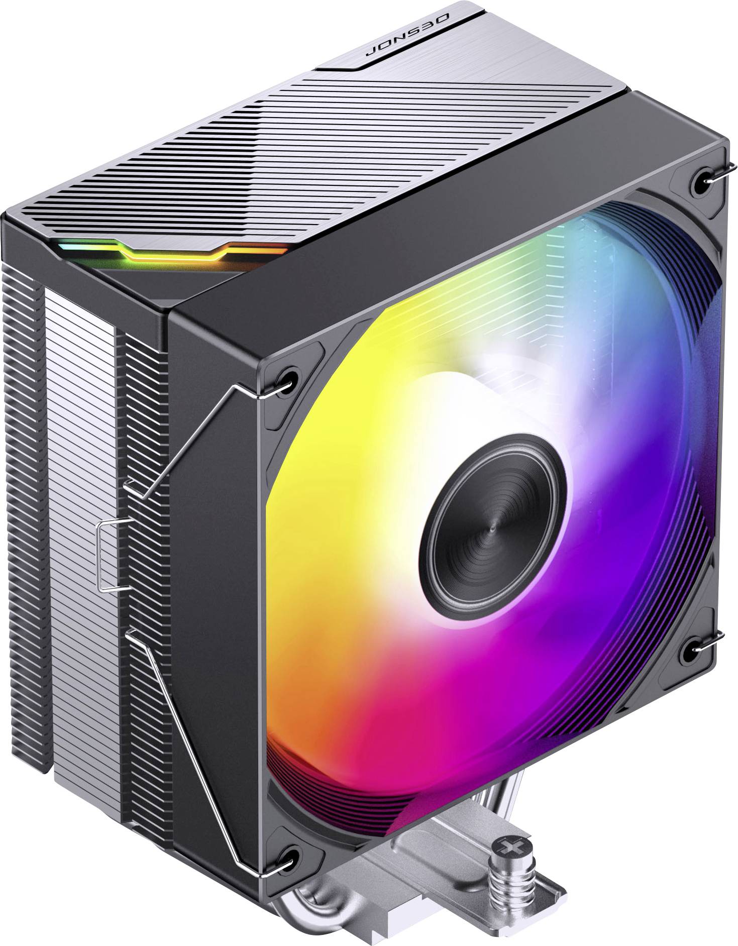 Černý chladič PC s duhovým RGB osvětlením lopatek a chladiče, zobrazený v 3D pohledu ve stylu produktu.