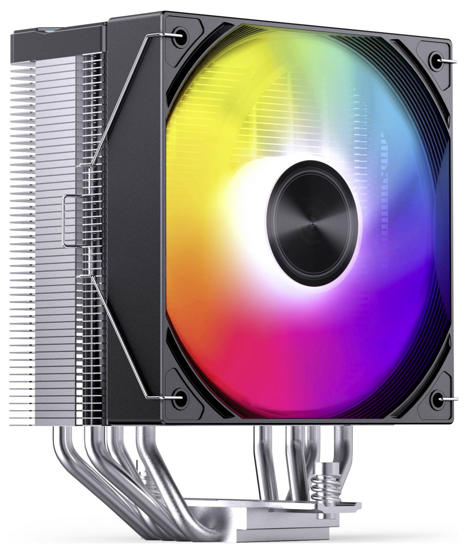 Počítačový chladič procesoru s velkým duhovým RGB ventilátorem a kovovým chladičem s tepelnými trubicemi připevněnými vzadu.