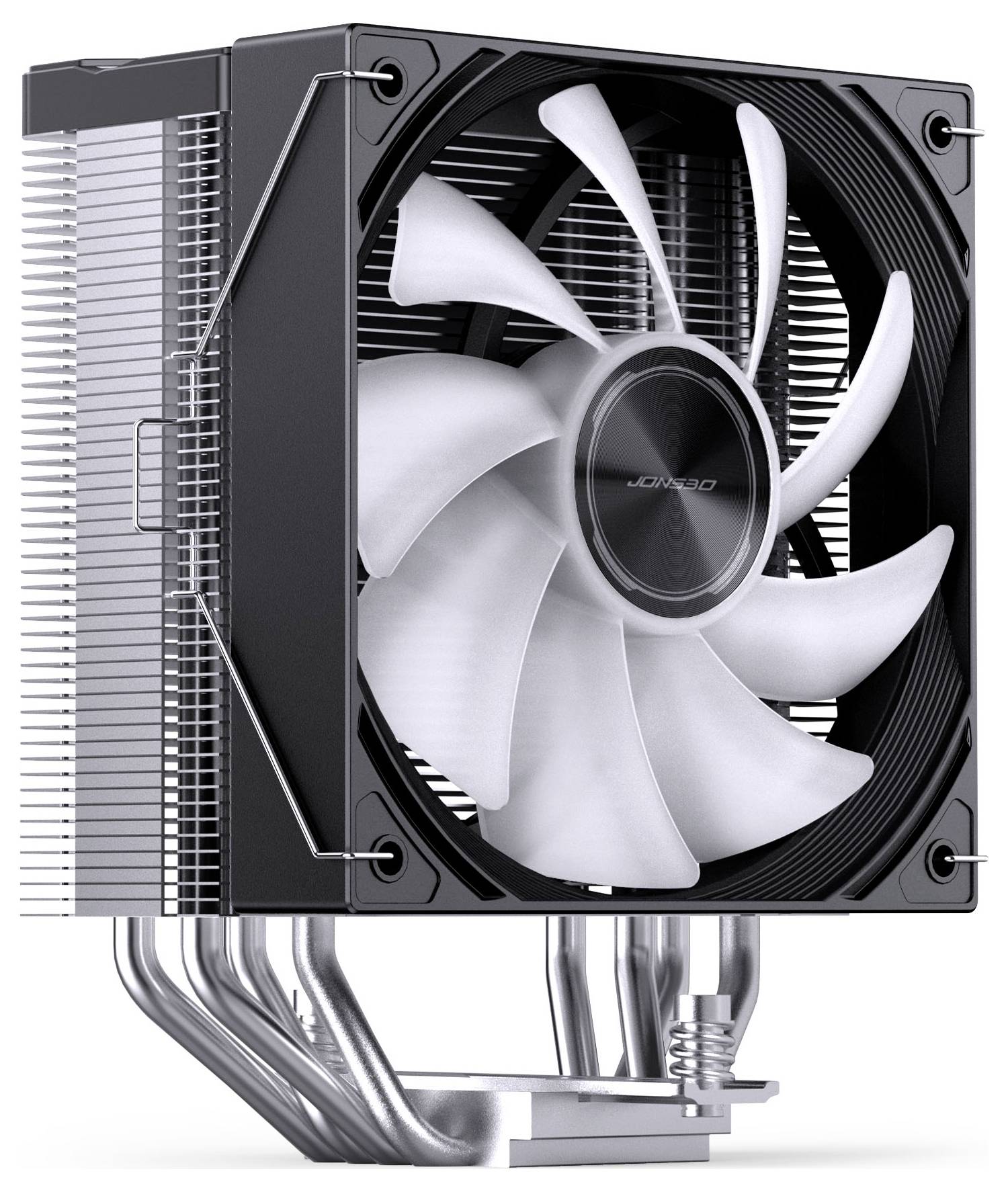 Černý počítačový chladič CPU s velkým ventilátorem, kovovými hliníkovými žebry a tepelnými trubicemi, zobrazený na bílém pozadí.