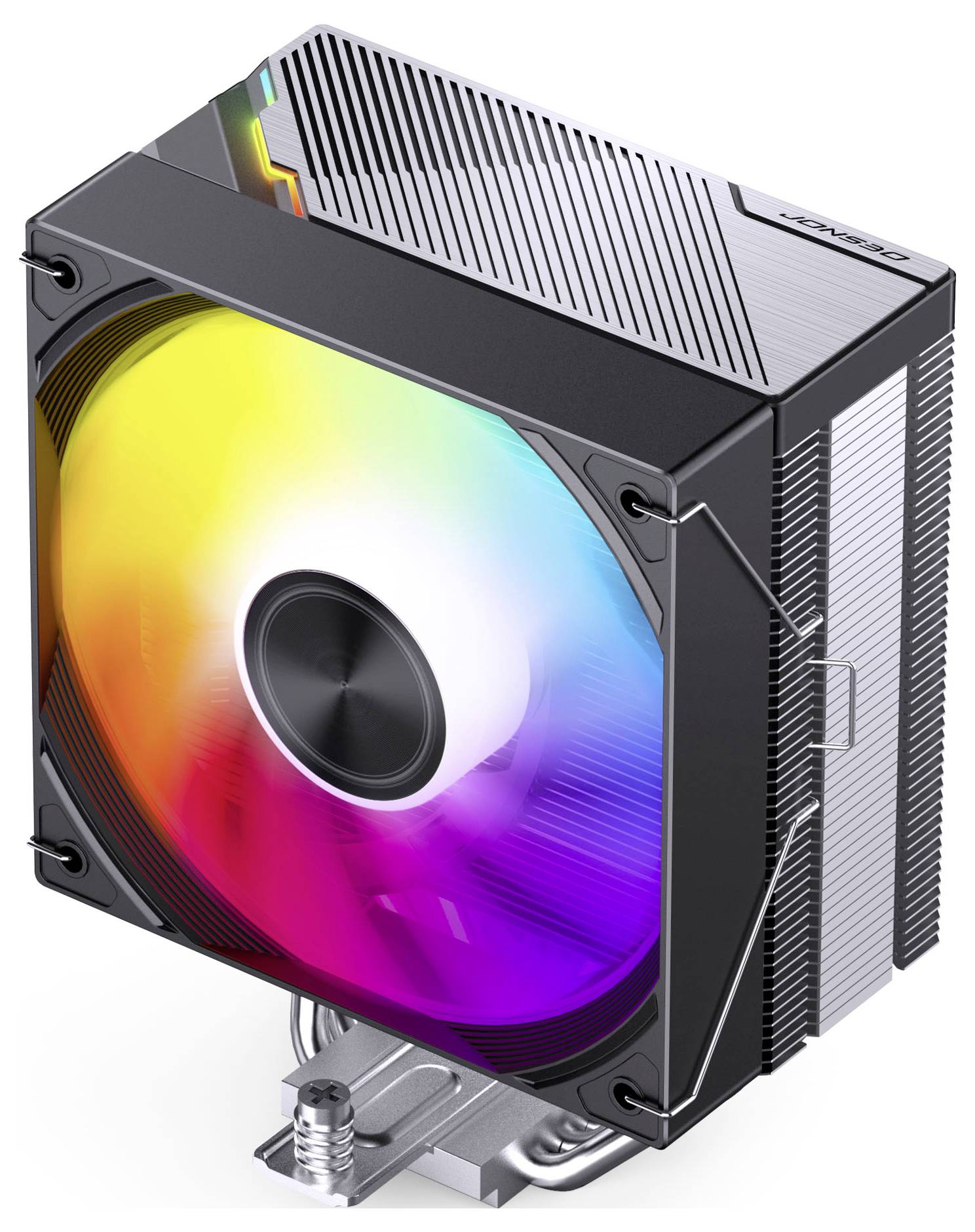 Chladič CPU počítače s velkým ventilátorem osvětleným RGB a chladícím žebrem, zobrazený v tříčtvrtinném pohledu na bílém pozadí.