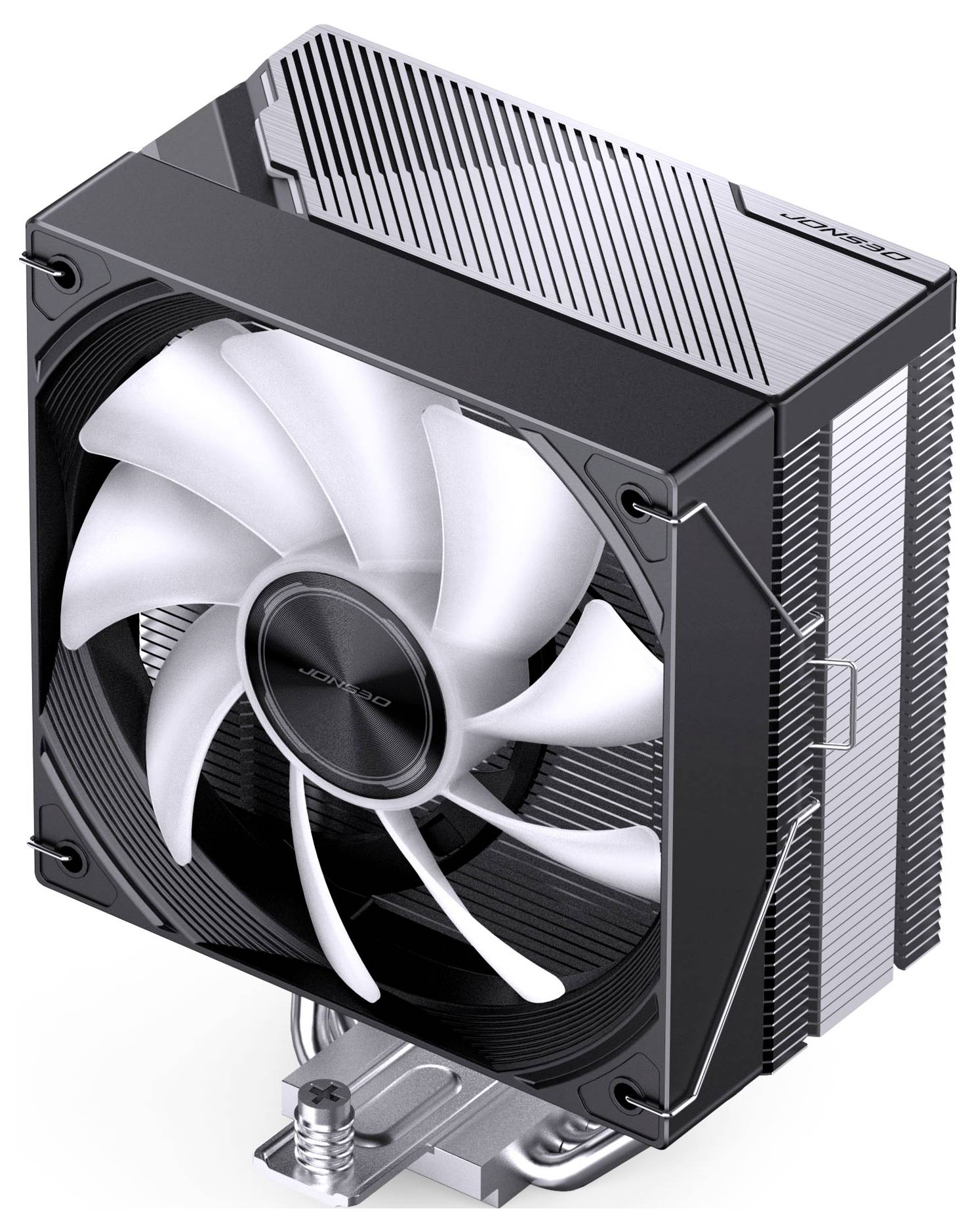 Černý procesorový chladič Lenovo s velkým bílým ventilátorem a kovový chladičem, zobrazený v pohledu ve stylu produktu na bílém pozadí.